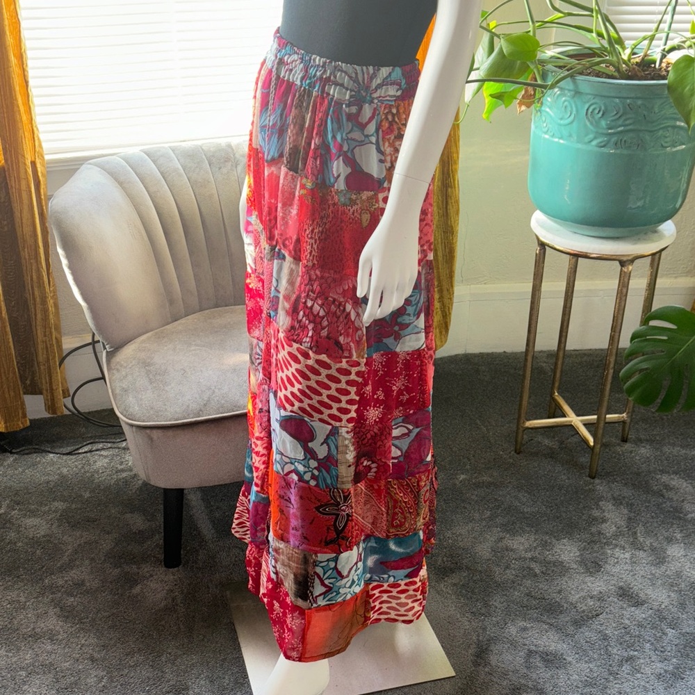Boho Patchwork Red Tiered Maxi Skirt - Women - Picture 11 of 13